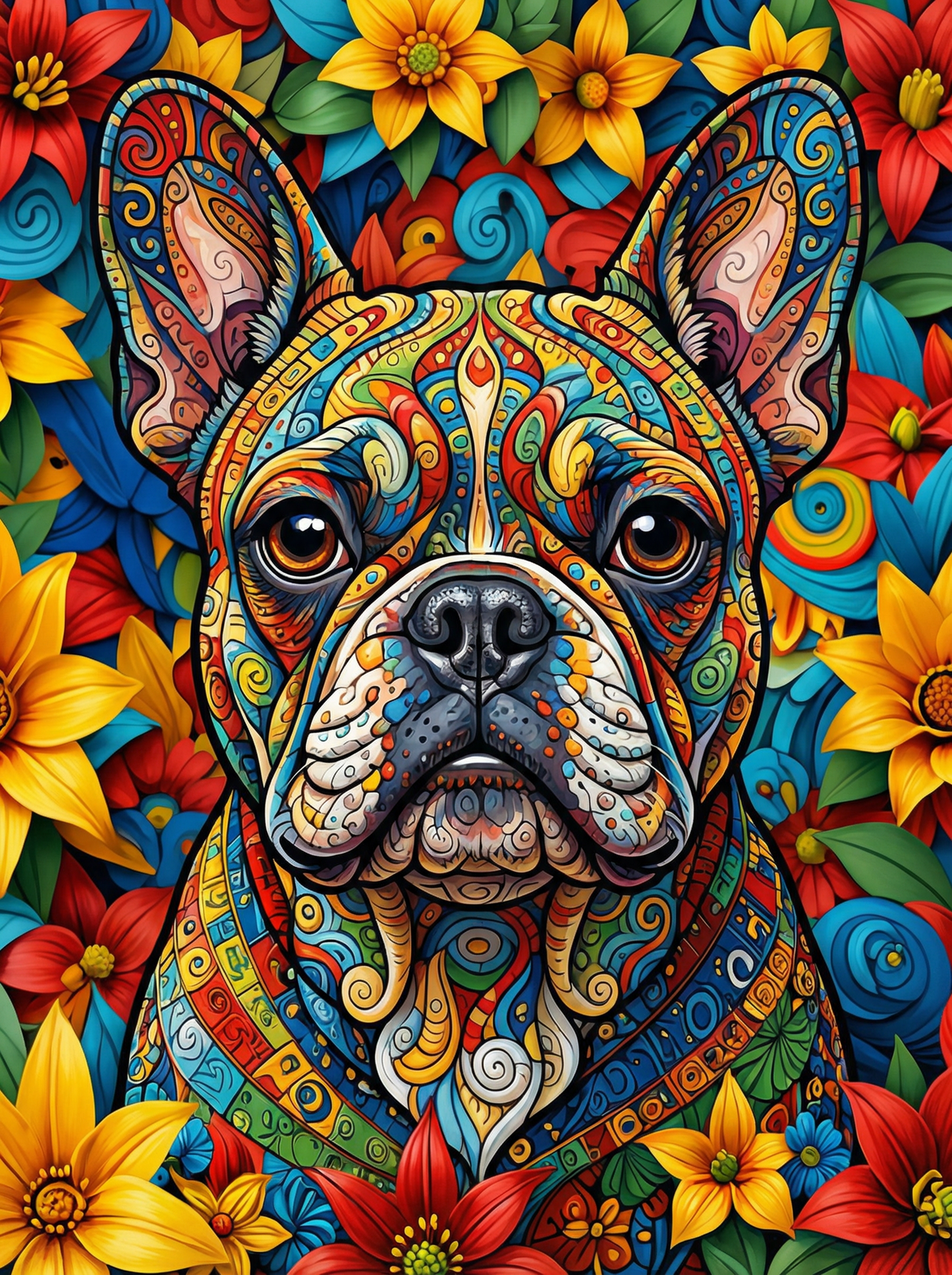 French Bulldog Among Flowers (100 Color Diamond Painting)