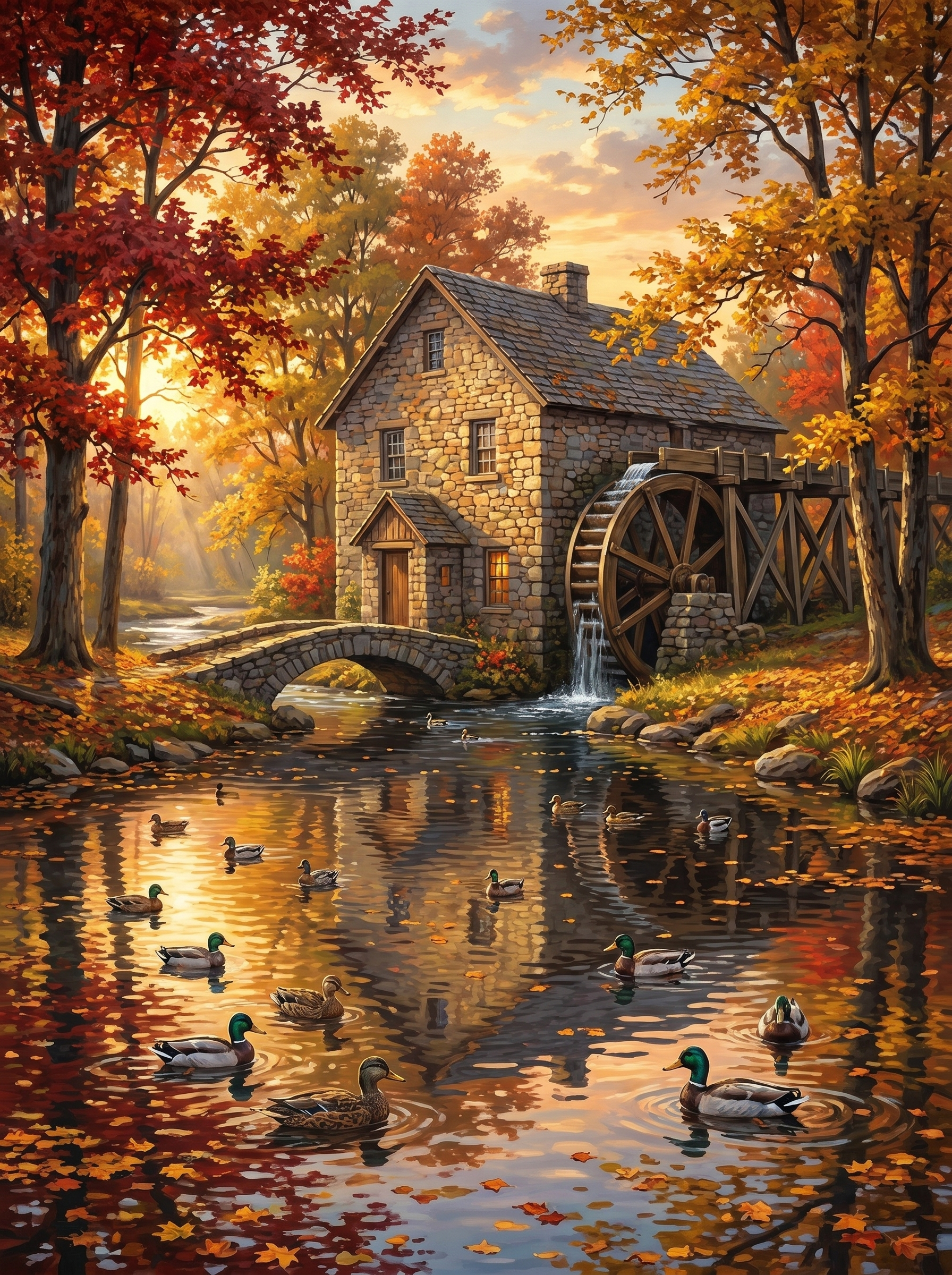 French Watermill Stream Autumn (150 Color Diamond Painting)