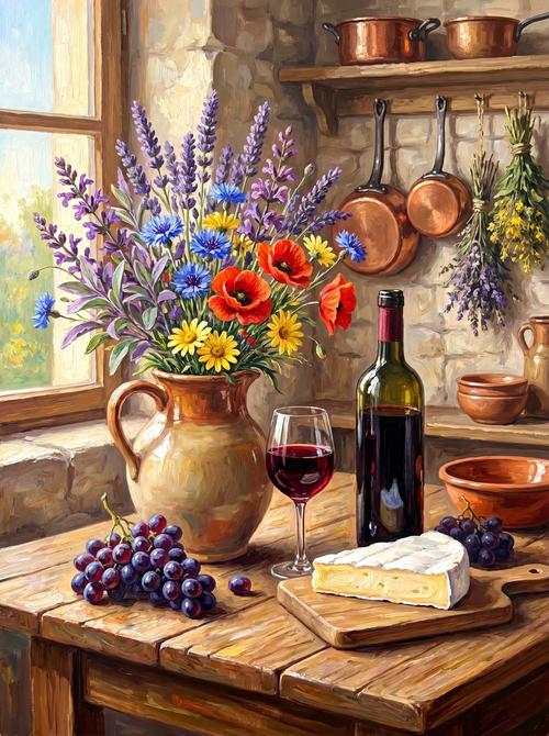 French Wine Flowers Stilllife (Diamond Painting)