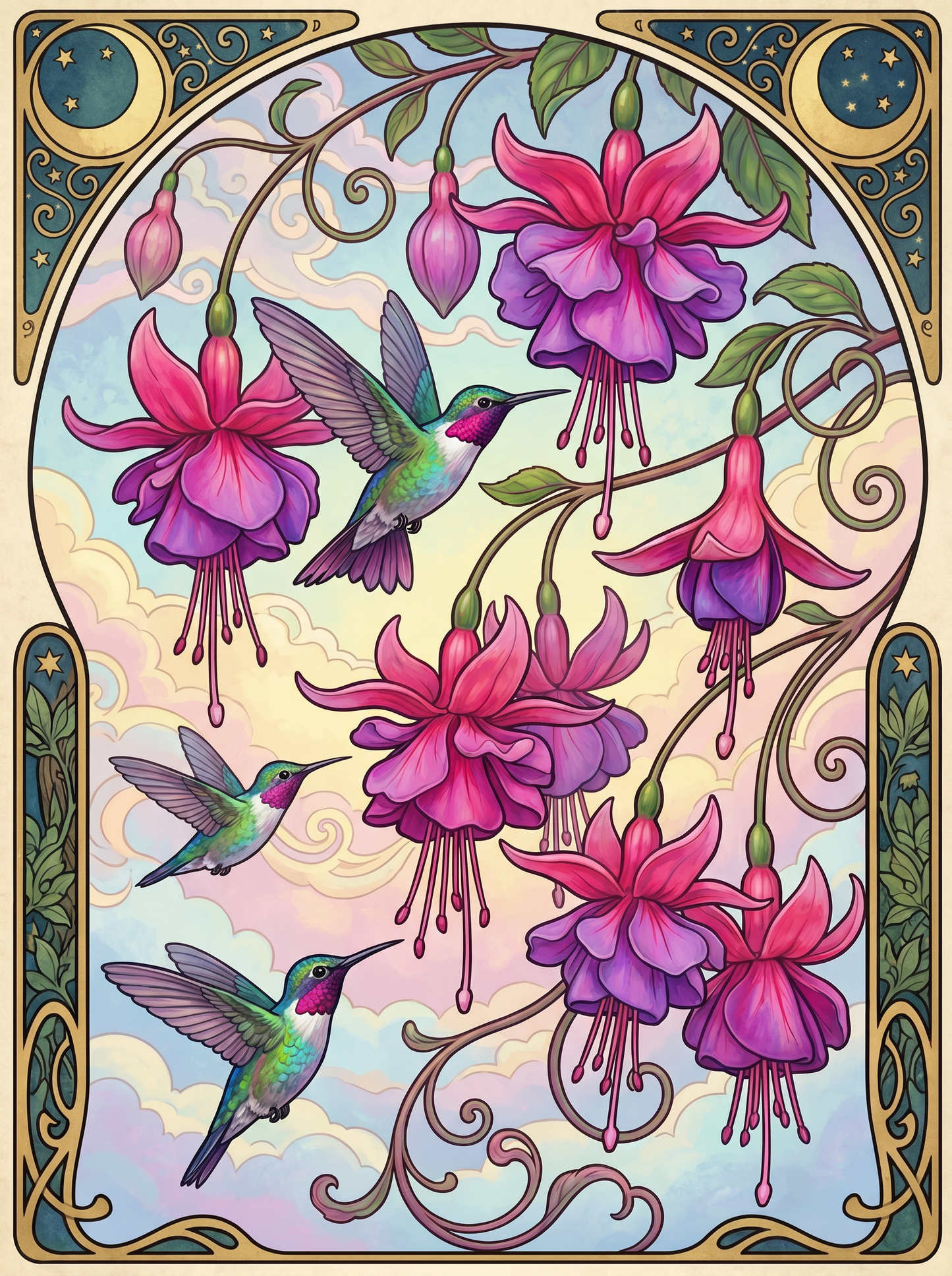 Fuchsia Hummingbird Nouveau Panel (80 Colors)