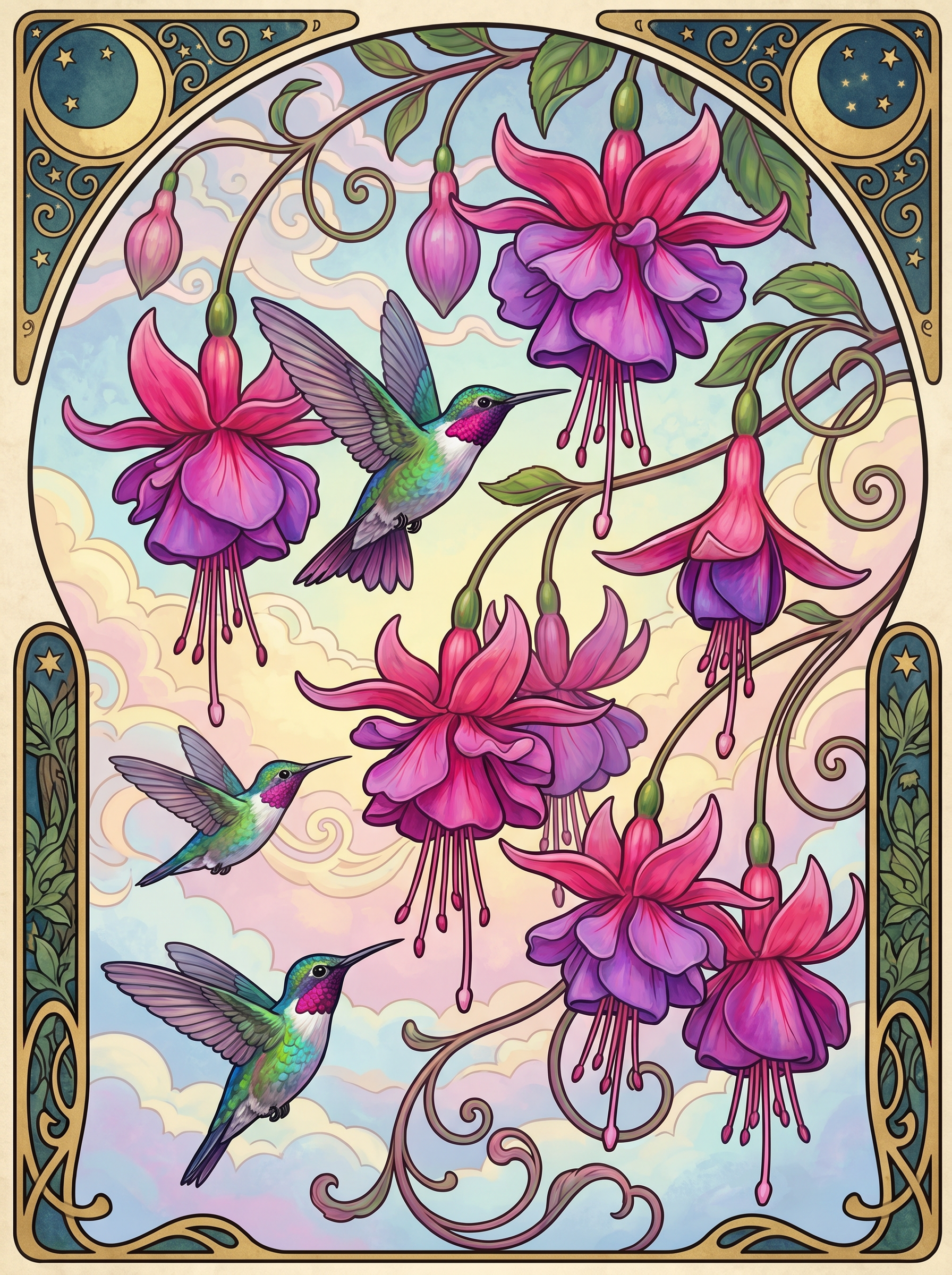Fuchsia Hummingbird Nouveau Panel (80 Colors)