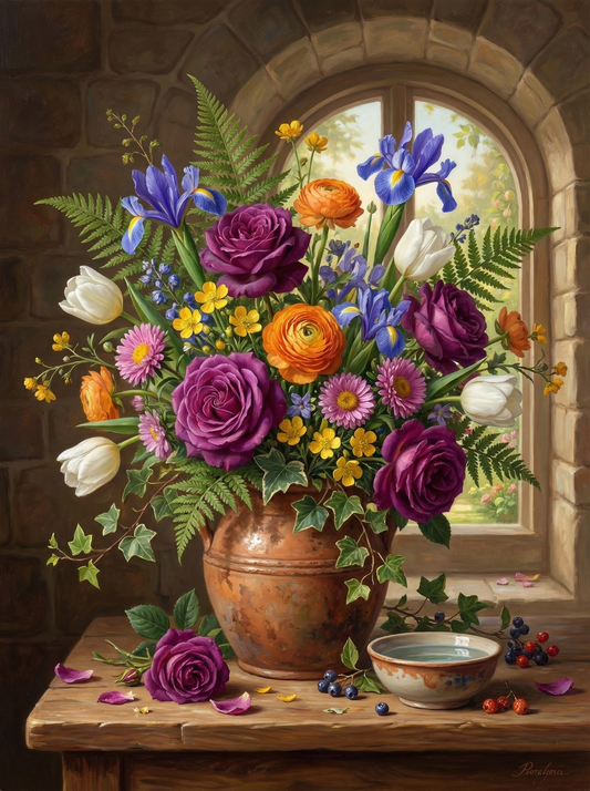 Garden Window Floral Arrangement (100 Color Diamond Painting)