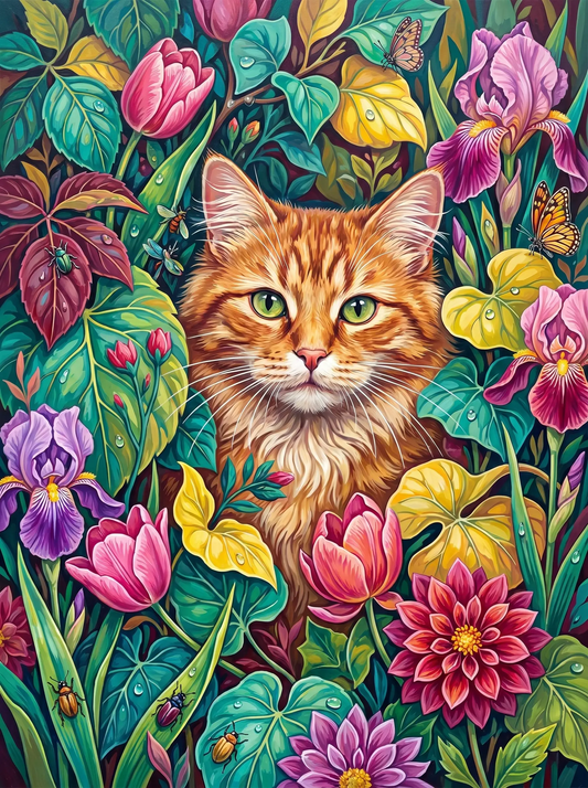 Ginger Cat Iris Tulip Garden (Diamond Painting)