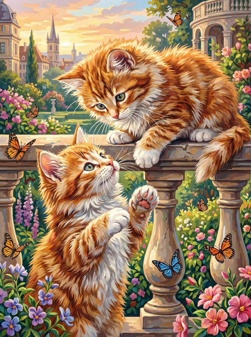 Ginger Kittens Garden Balustrade (Diamond Painting)