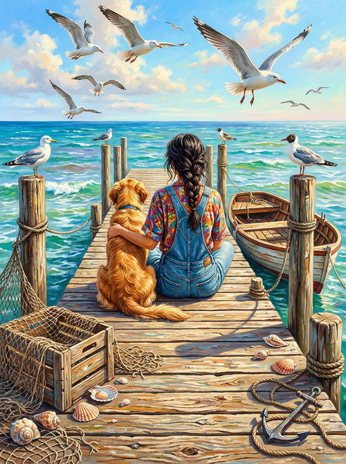 Girl And Dog On Pier (Diamond Painting) Diamond Painting kit