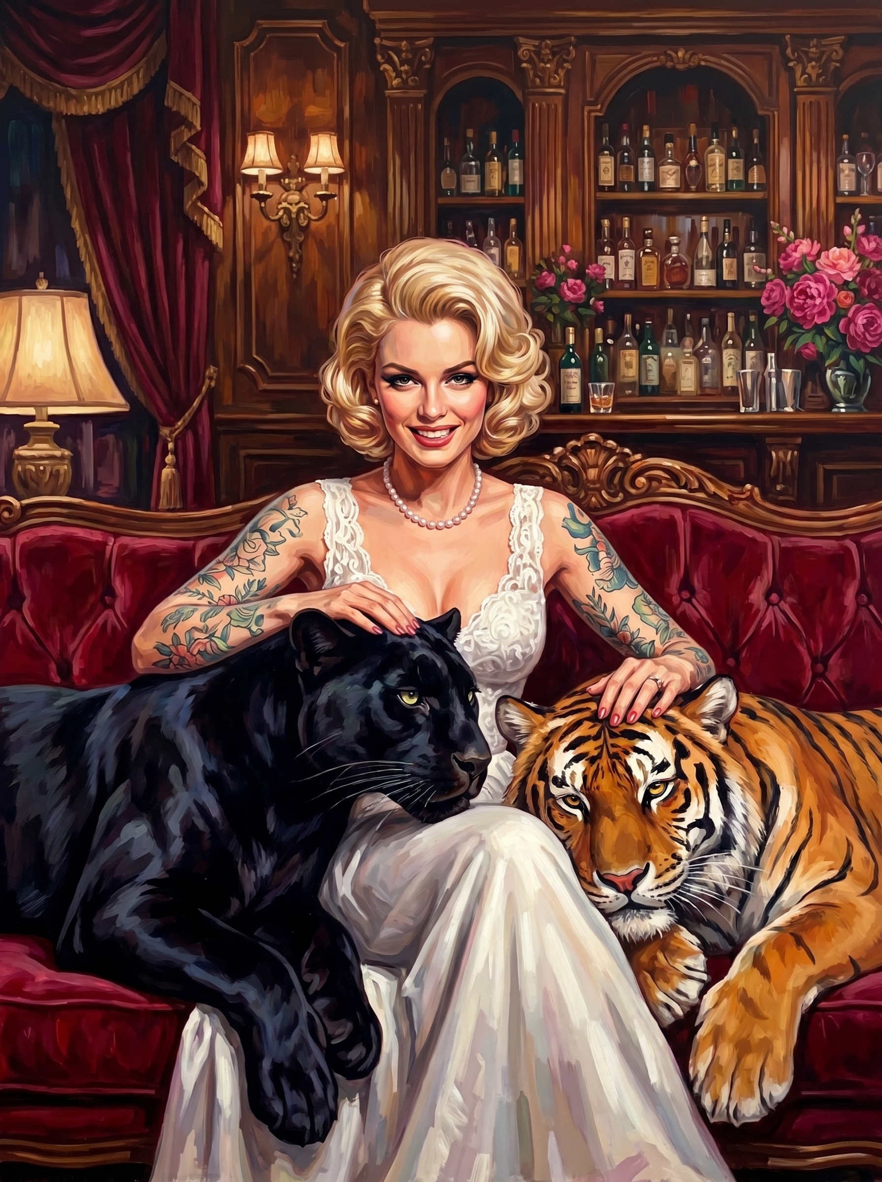 Glamour Woman Panther And Tiger (150 Color Diamond Painting)