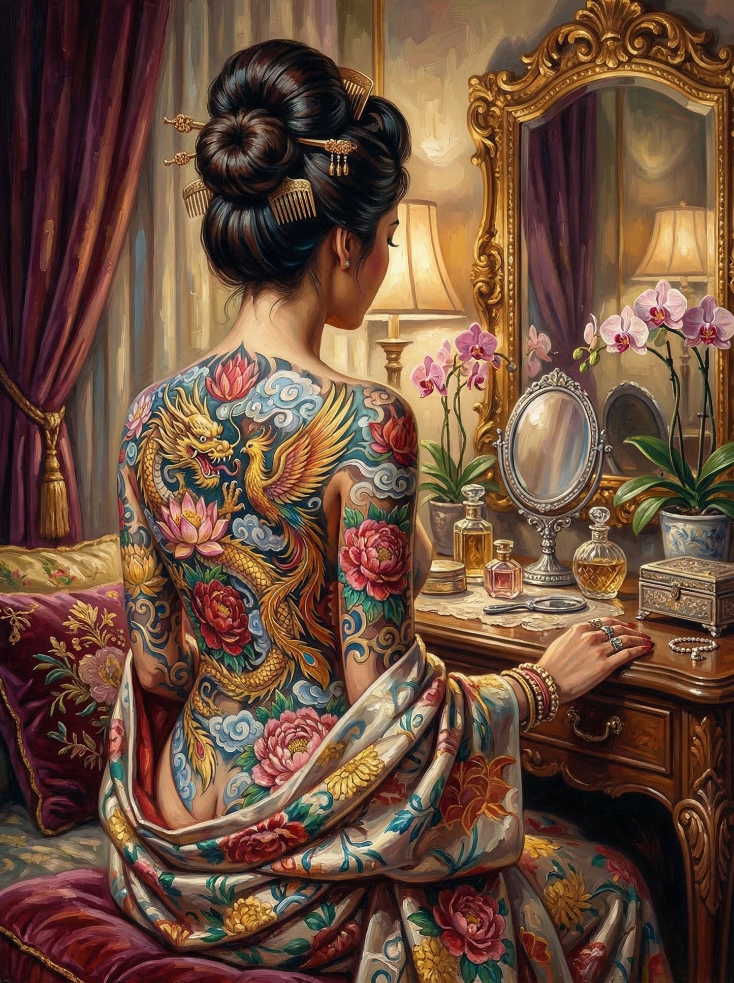 Golden Dragon Tattoo Boudoir (100 Color Diamond Painting)