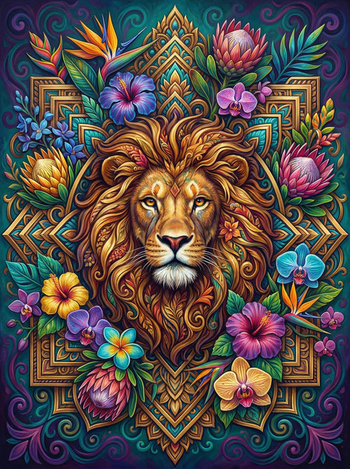 Golden Lion With Flowers (100 Color Diamond Painting)