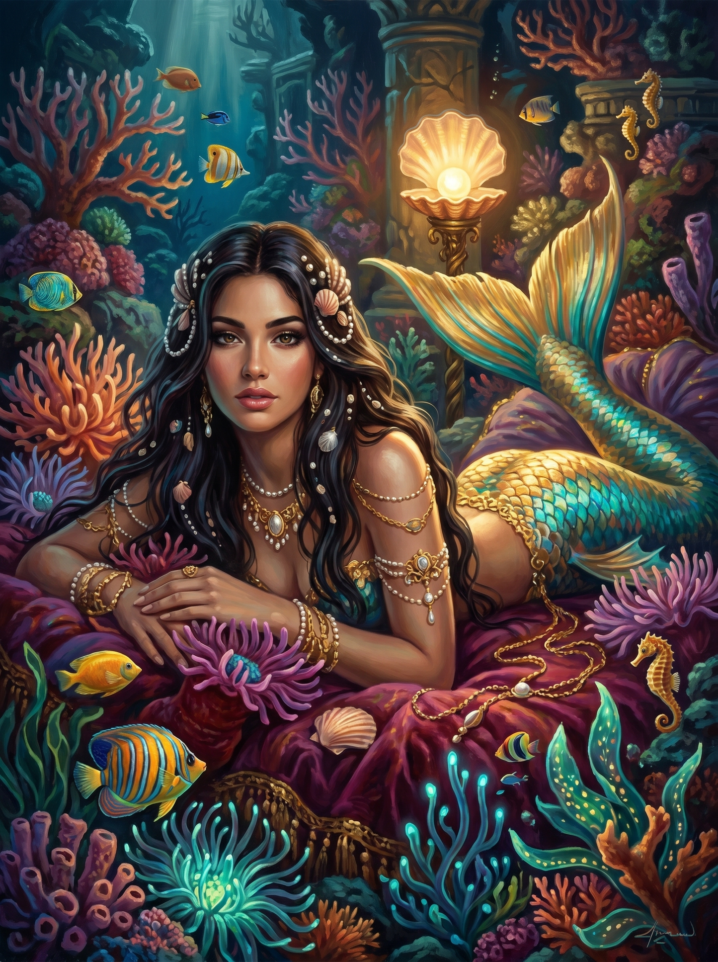 Golden Mermaid Coral Clamshell Lamp (150 Color Diamond Painting)