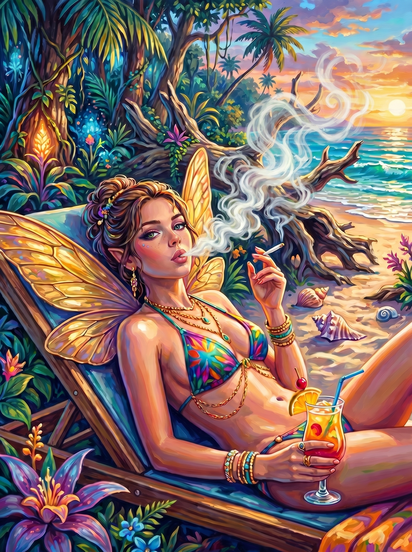 Golden Wing Fairy Tropical Beach (150 Color Diamond Painting)