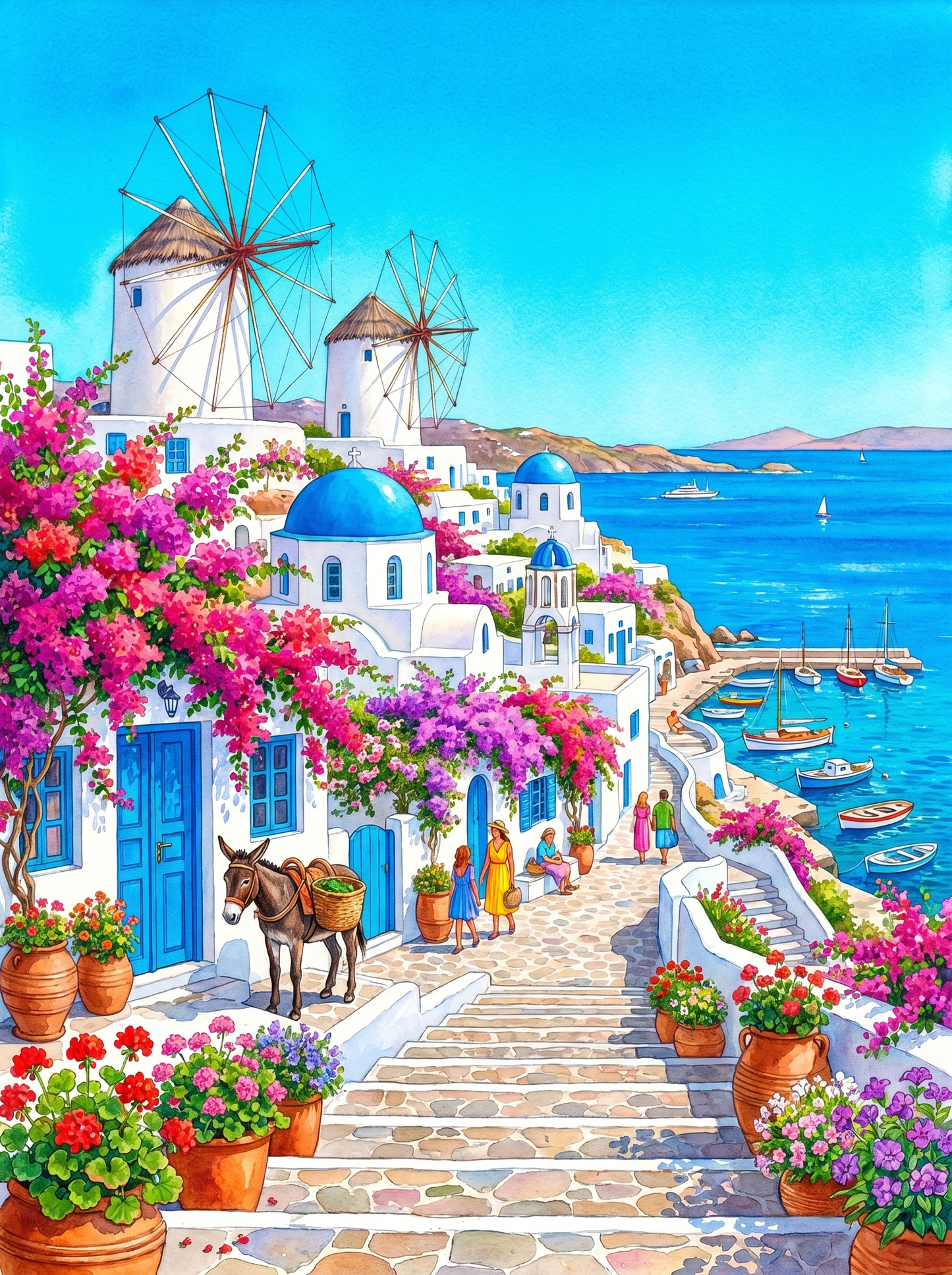 Greek Island Windmills Watercolor (150 Color Diamond Painting)