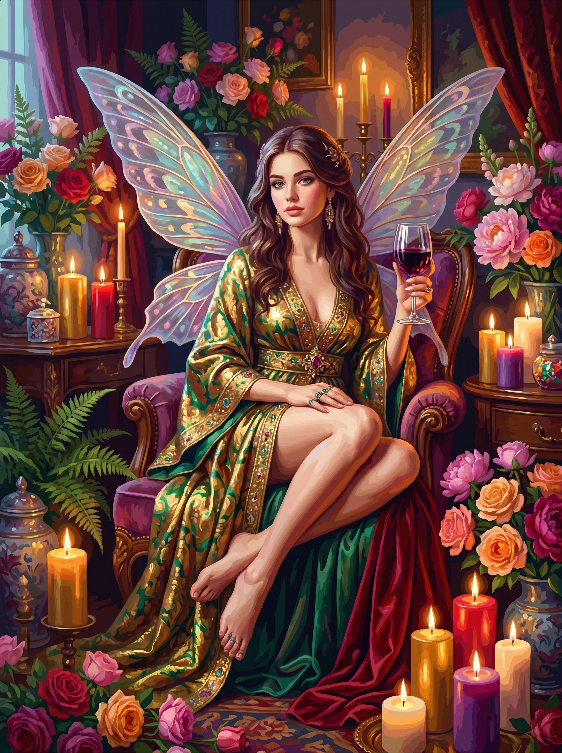 Green Robe Fairy Roses Wine (150 Color Diamond Painting)