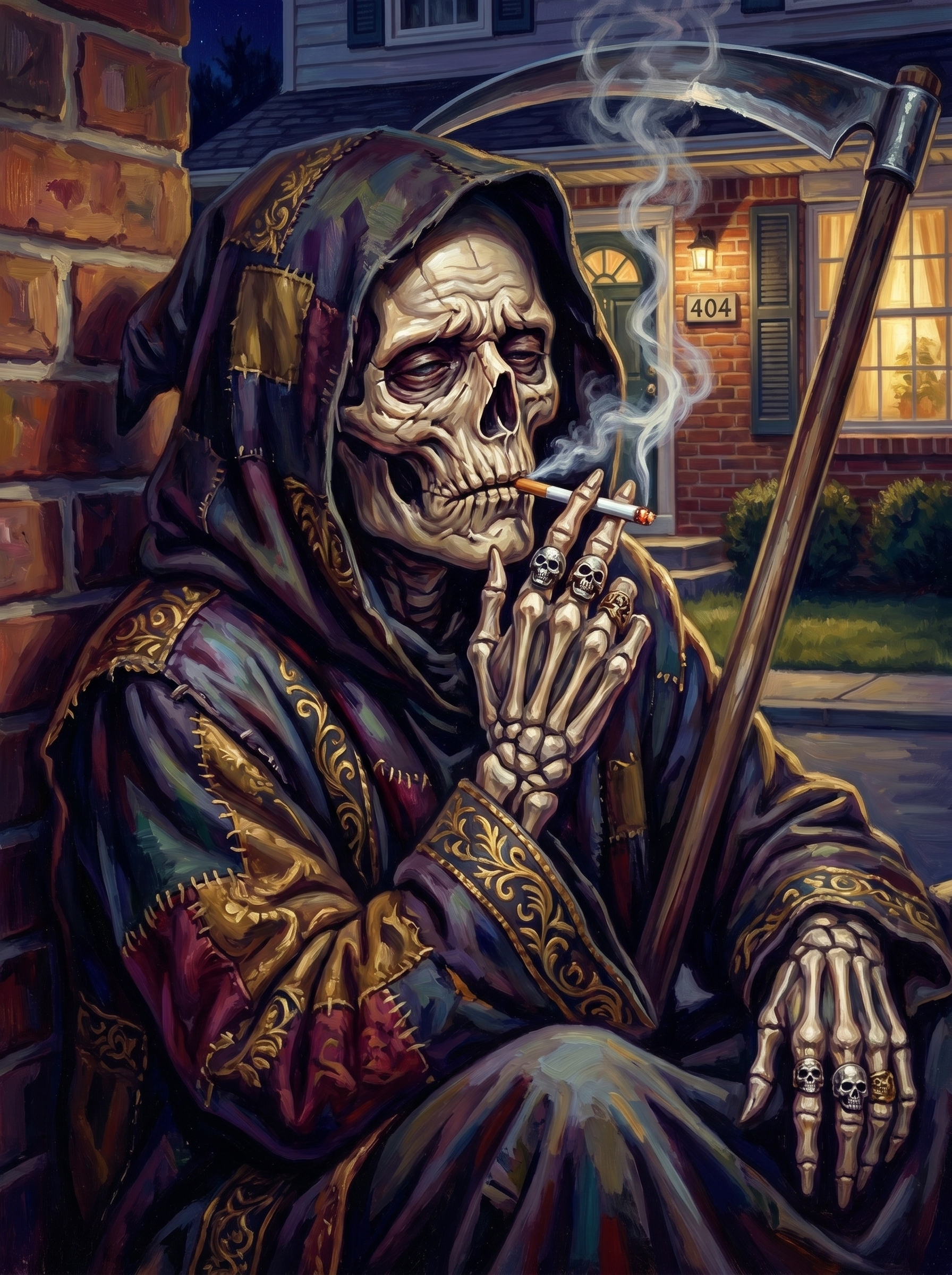 Grim Reaper Tired Outside House 01 (150 Color Diamond Painting)