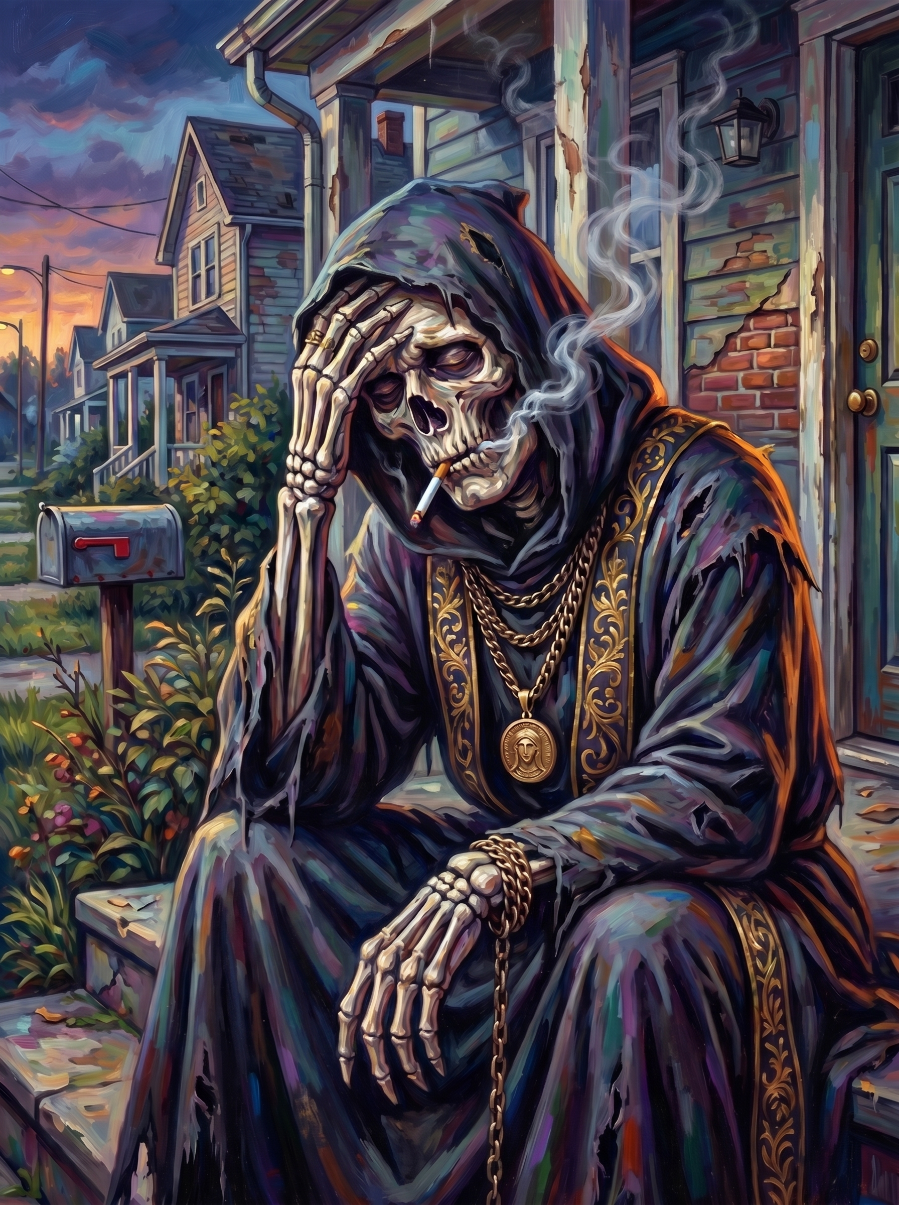 Grim Reaper Tired Outside House 02 (150 Color Diamond Painting)