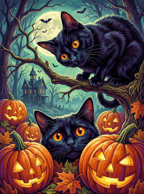 Halloween Black Cats Pumpkins (100 Color Diamond Painting)
