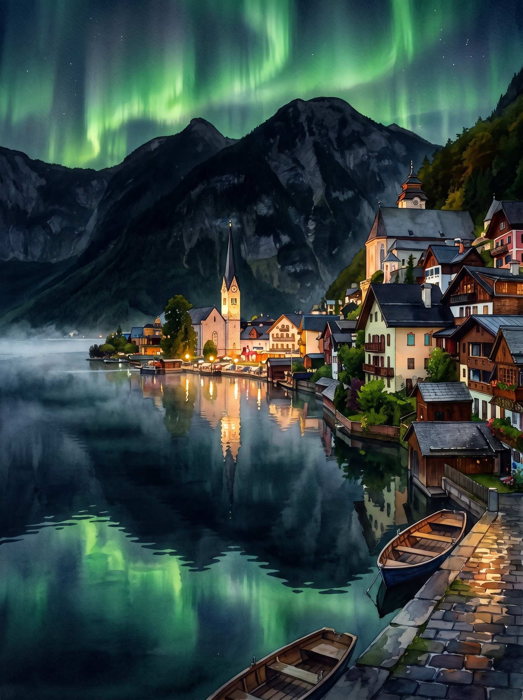 Aurora over Lake Hallstatt