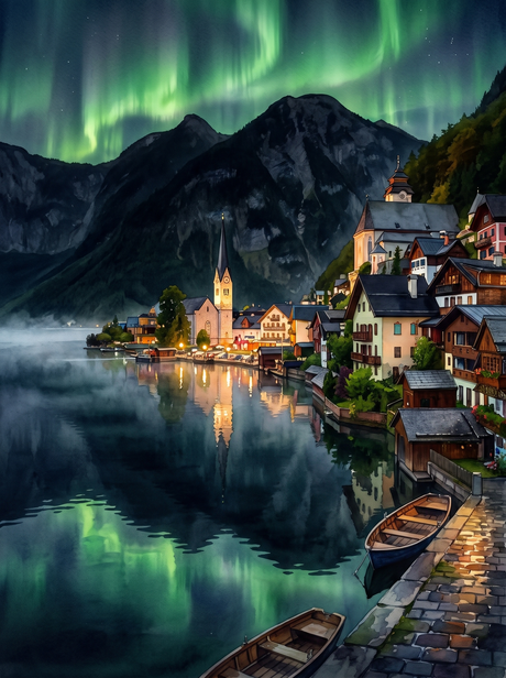 Aurora over Lake Hallstatt