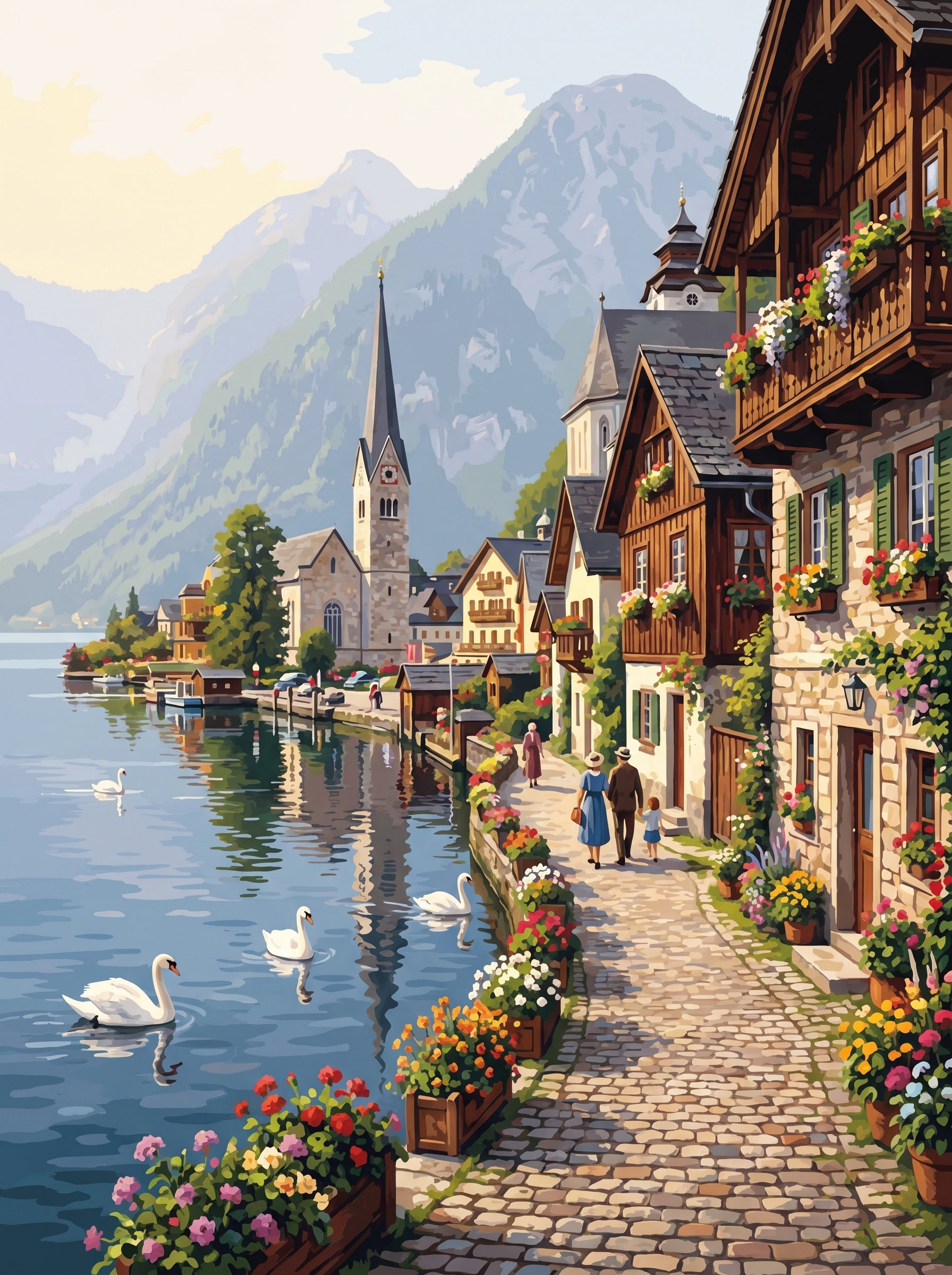 Hallstatt Village Lane Morning (150 Color Diamond Painting)