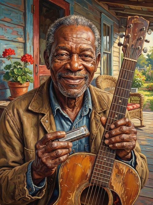 Harmonica Player Smiling (100 Color Diamond Painting)