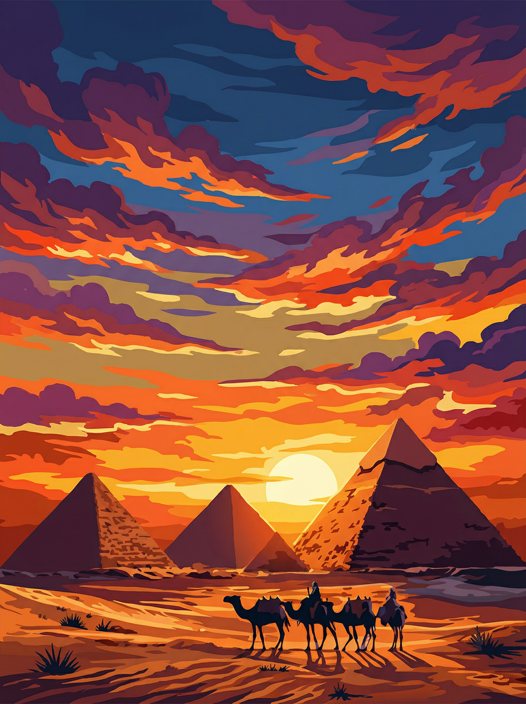 Camels at Pyramid Sunset