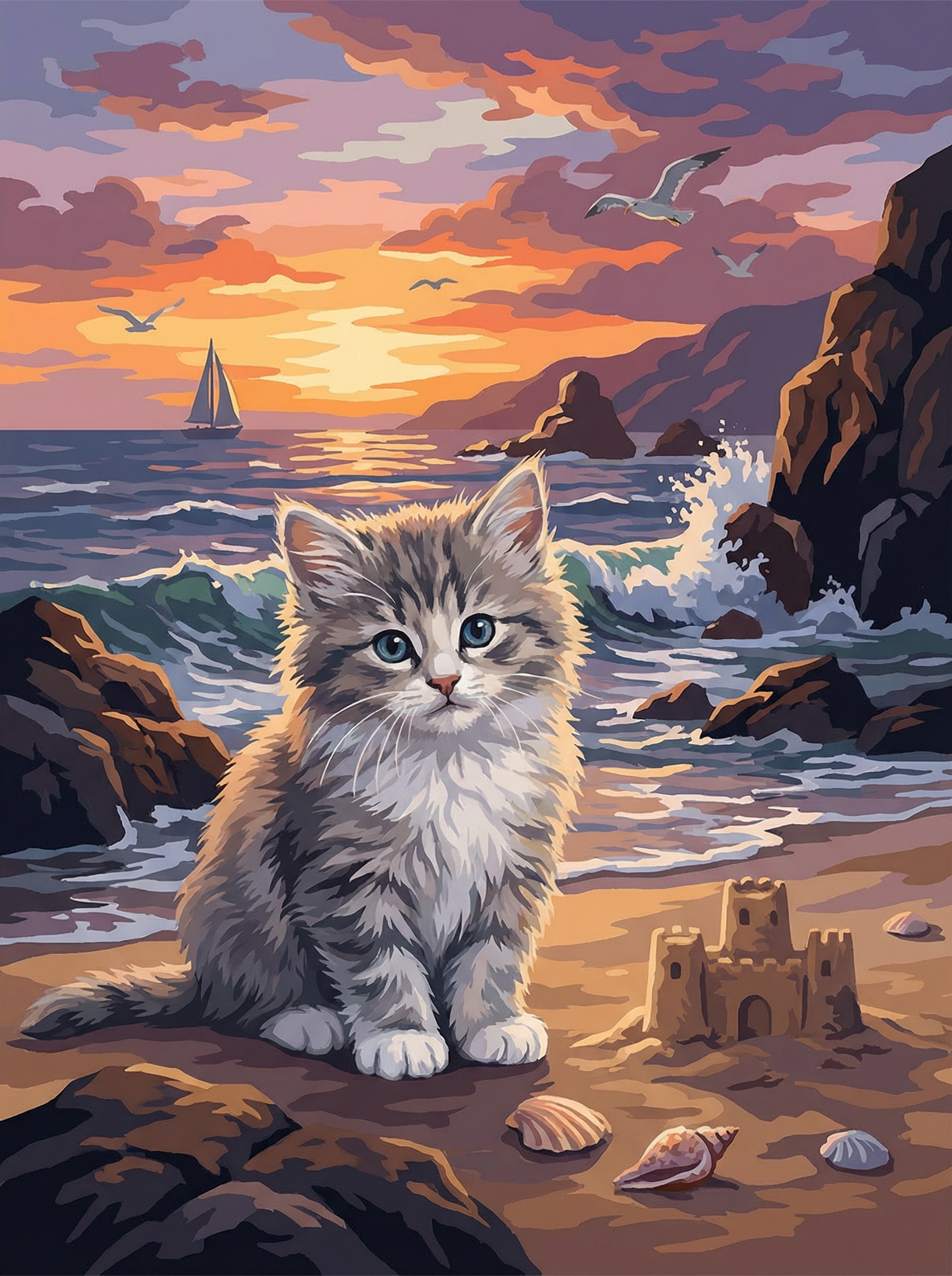 Seaside Sunset Kitten (Diamond Painting)