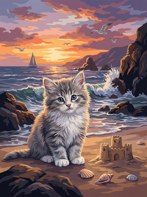 Seaside Sunset Kitten (Diamond Painting)