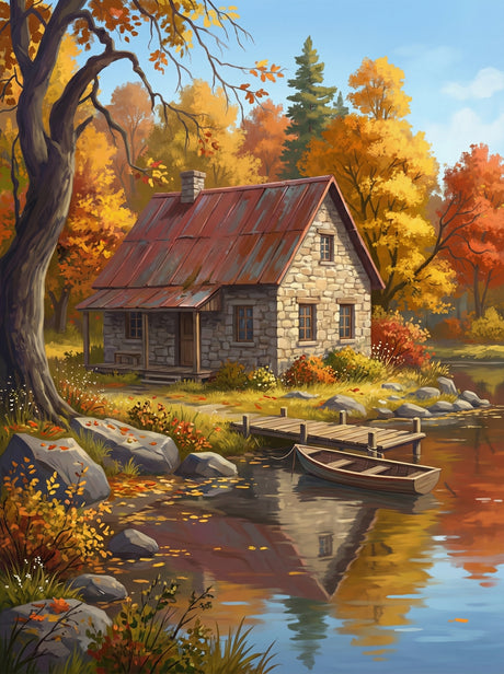 Autumn Lakeside Cottage (Diamond Painting) Diamond Painting kit