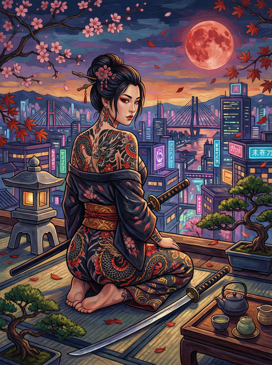 Crimson Moon Samurai (100 Color Diamond Painting)