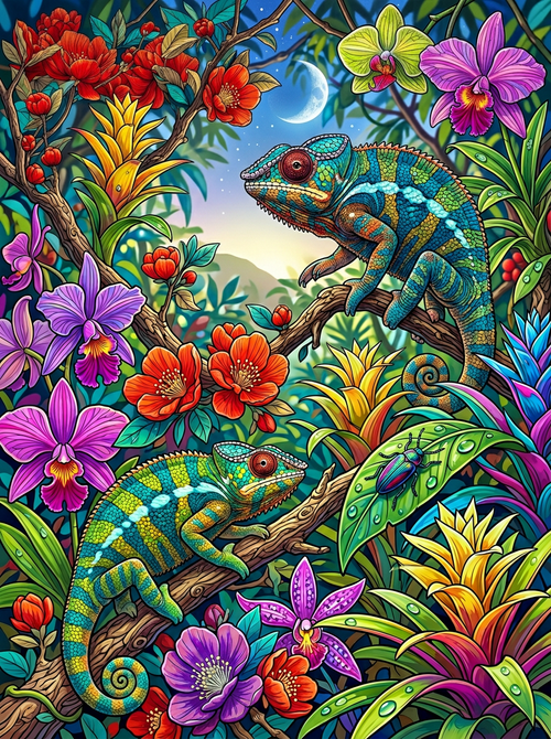 Moonlit Chameleon Bloom (100 Color Diamond Painting)