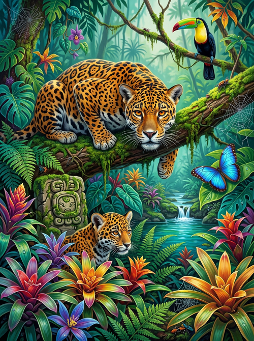 Emerald Canopy Jaguar (100 Color Diamond Painting)