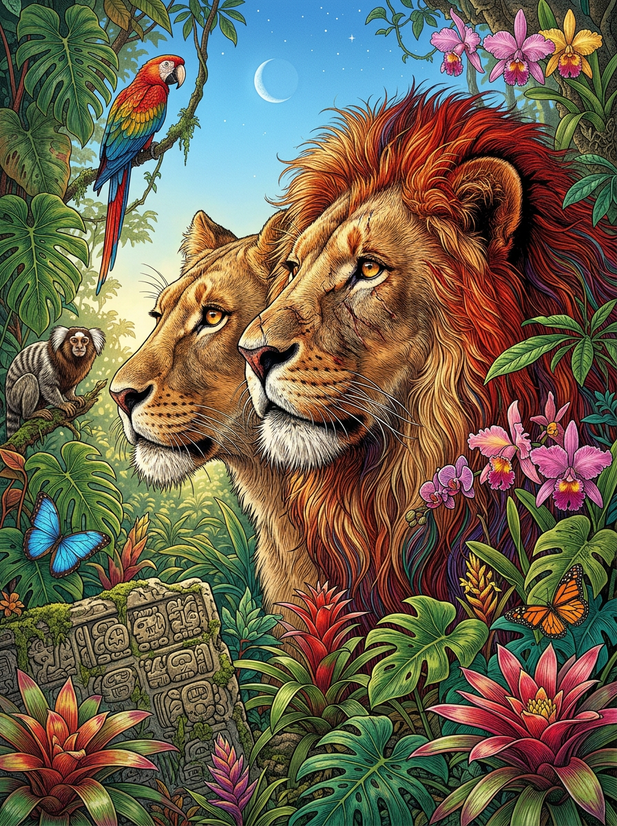 Sacred Jungle Lion Pair (Diamond Painting) Diamond Painting kit