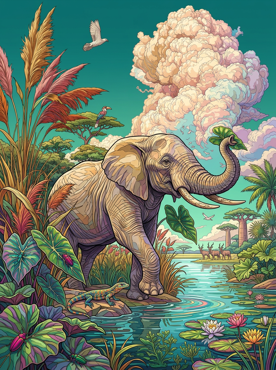 Savanna River Elephant (Diamond Painting) Diamond Painting kit