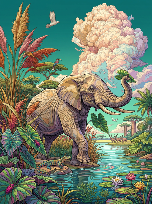 Savanna River Elephant (Diamond Painting) Diamond Painting kit