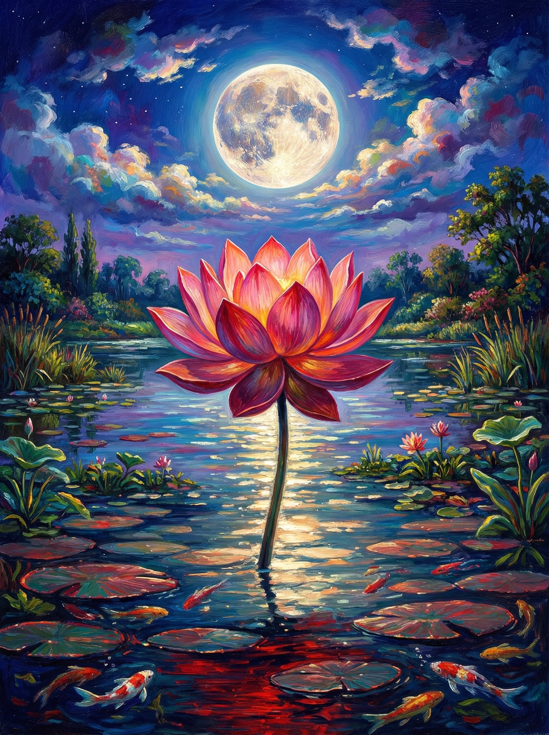 Moonlit Lotus Serenity (100 Color Diamond Painting)