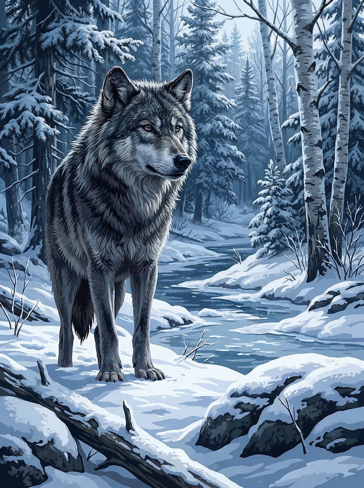 Winter Wolf by the River (Diamond Painting) Diamond Painting kit