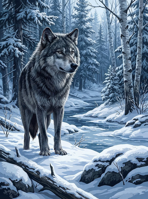Winter Wolf by the River (Diamond Painting) Diamond Painting kit