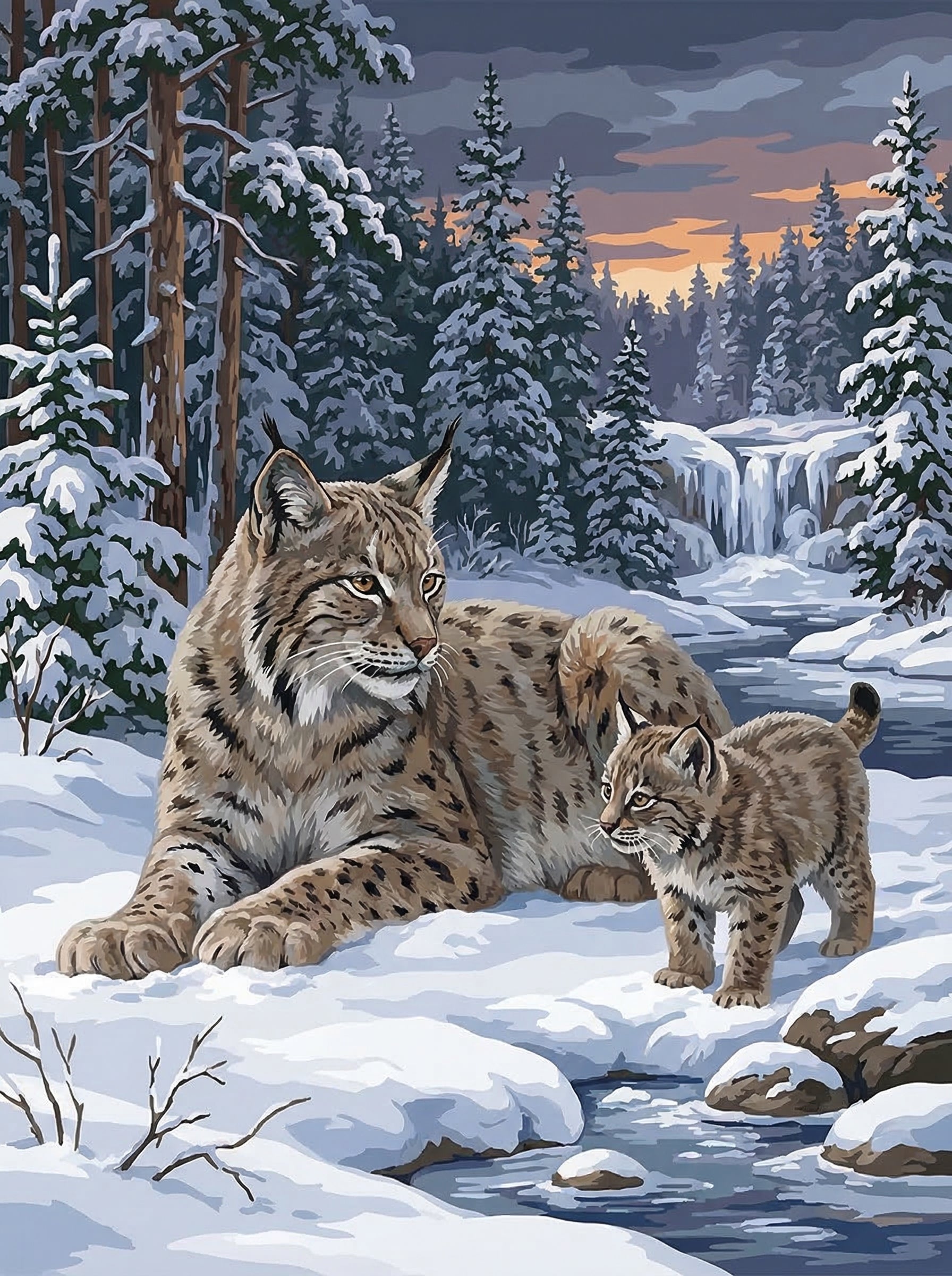 Lynx and Cub in Snowfall (Diamond Painting) Diamond Painting kit