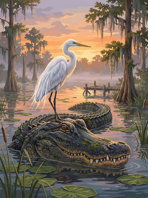 Heron and the Sleeping Alligator (Diamond Painting)