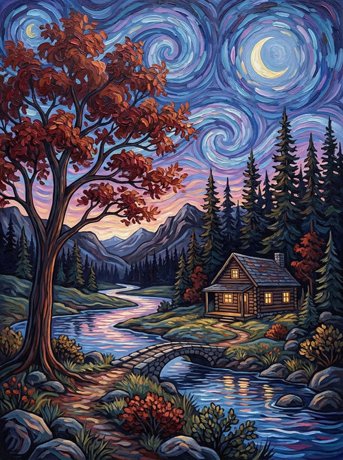 Starlit Cabin and Swirling Sky (Diamond Painting) Diamond Painting kit