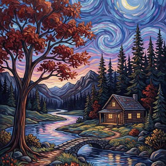 Starlit Cabin and Swirling Sky