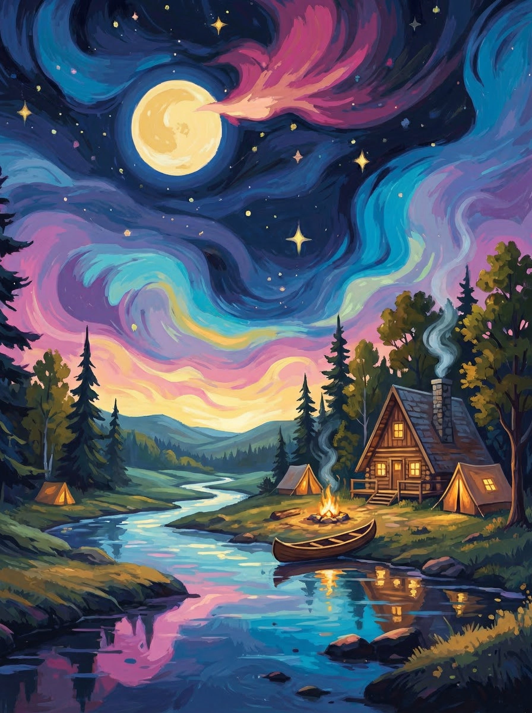 Moonlit Cabin Under a Painted Sky (Diamond Painting) Diamond Painting kit