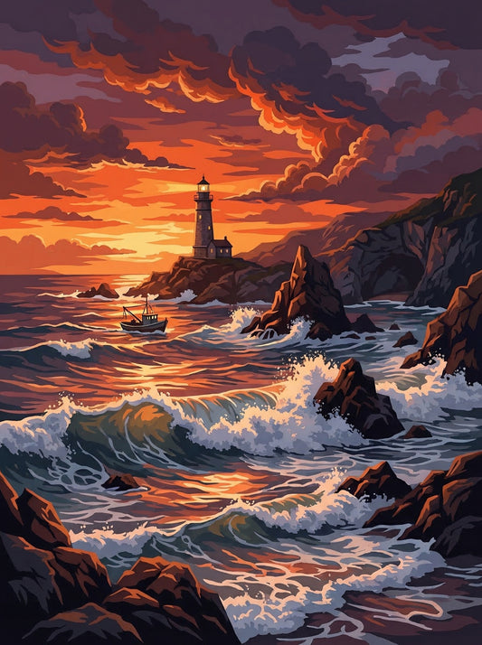 Stormy Lighthouse at Sunset (Diamond Painting)