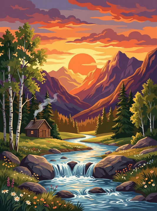 Mountain Stream at Golden Hour (Diamond Painting)