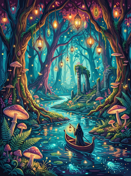 Mystic Lantern Forest River (100 Color Diamond Painting)