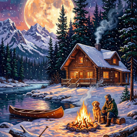 Moonlit Cabin Campfire Night