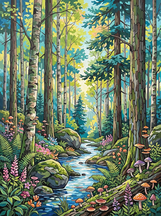 Sunlit Forest Creek Path (Diamond Painting)