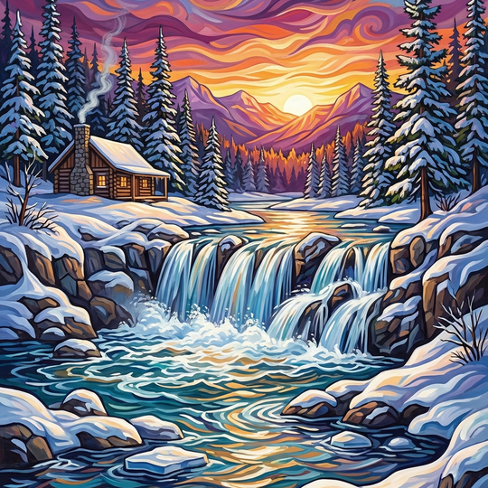 Twilight Snowfall Waterfall Glow