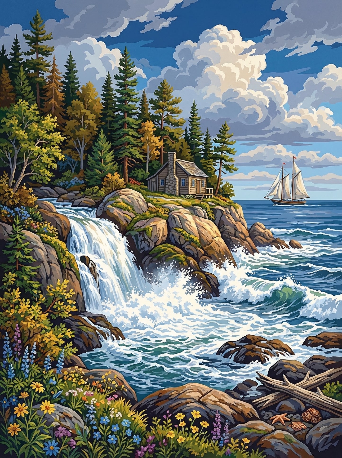 Coastal Cliff Waterfall Escape (Diamond Painting) Diamond Painting kit