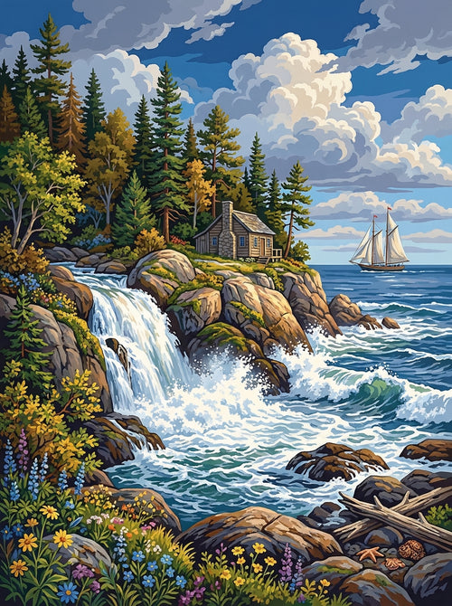 Coastal Cliff Waterfall Escape (Diamond Painting) Diamond Painting kit