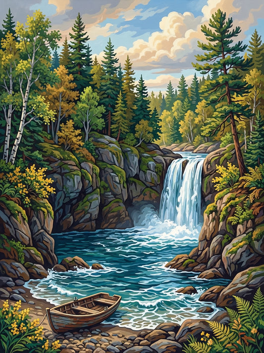 Forest Waterfall Boat Retreat (Diamond Painting)